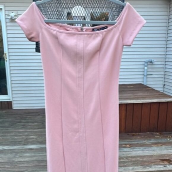 ZARA NWT Baby Light Pink Topstitched Off the Shoulder Bodycon Midi Dress Size M - Picture 10 of 16